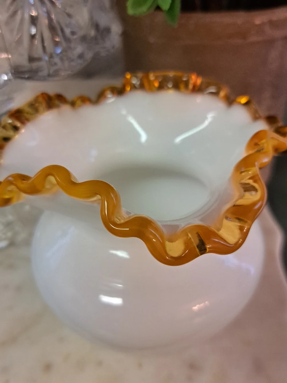 Fenton White and Amber Ruffled Glass Vase - Elegant Home Accent